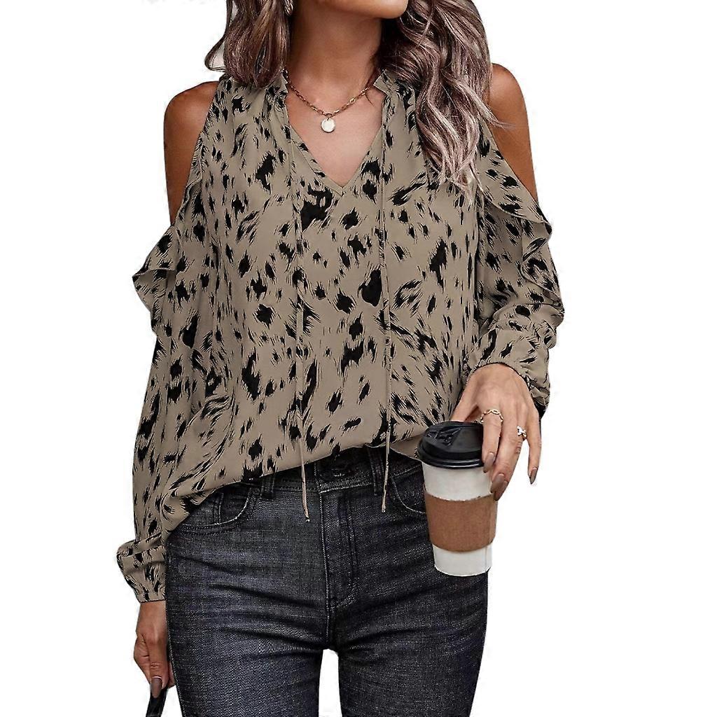 Blusas soltas de camisa de manga comprida com decote em V com estampa de ombro a ombro para deslocamento