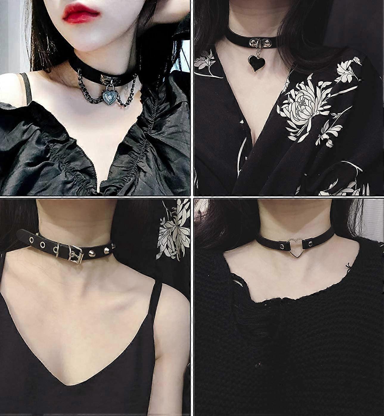Collier Gothique Femme Cuir Punk – Choker Vintage Avec Cœur Et Chaîne Argentée