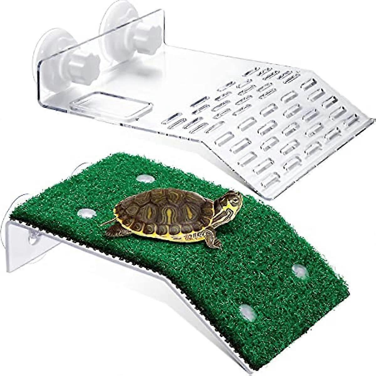 2 Pieces Turtle Basking Platform Large Transparent Fish Tank Aquarium Platform With Suction Cups And Artificial Grass Pier Medium Tortoise Ramp Reptil