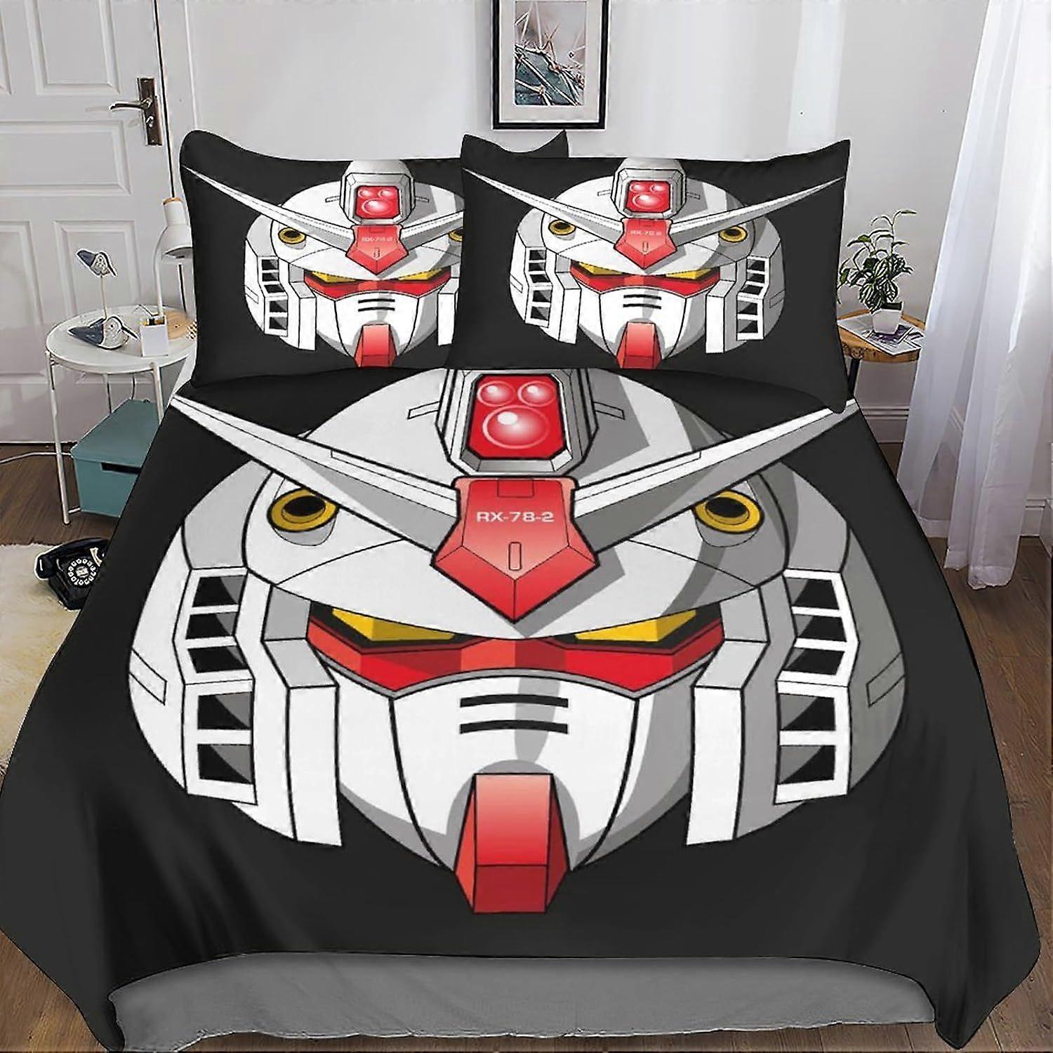 Gundam 3D Bedding Set, 3 Pcs Bedding Set Microfiber Duvet Cover & Pillowcases with Zipper Closure for Single or Double Bed