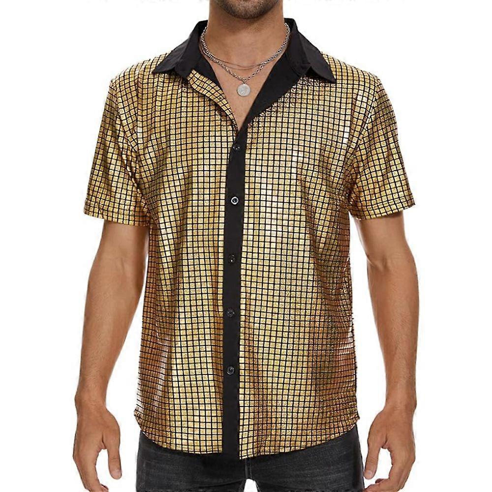 Men's 70s Disco Shirt Metallic Sequins Shiny Short Sleeve Party Tee Tops Nightclub Prom Clothes