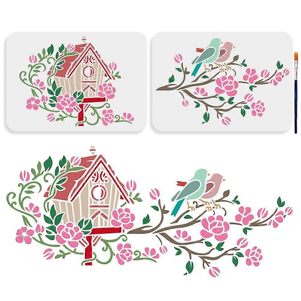 2pcs Birds Nest Stencil 11.78.3inch Flower Leaves Tree Branch Stencils for Painting with Paint Brush Spring Bird House Template for Crafts Wood Wall F
