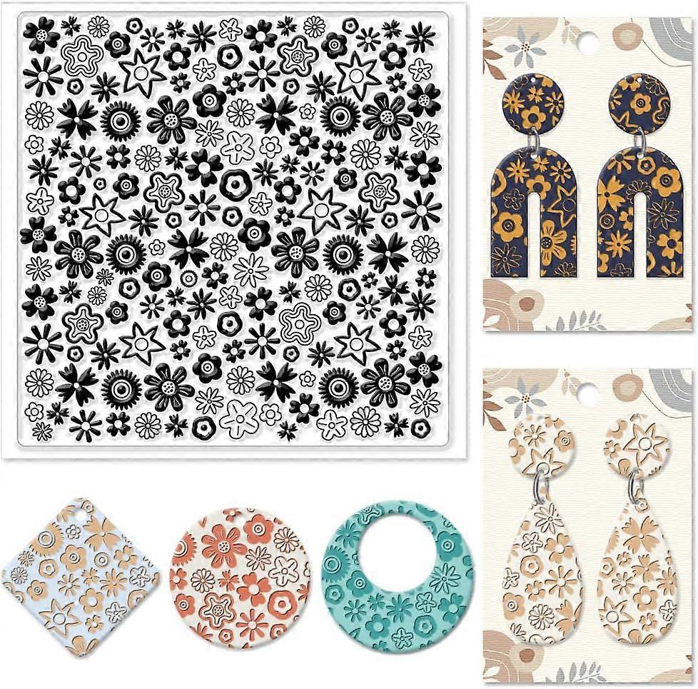 Polymer Clay Texture Sheets Cartoon Flowers Texture Stamp Sheets Silicone Texture Stamp Polymer Clay Texture Mat for Making Earrings Jewerly Polymer C