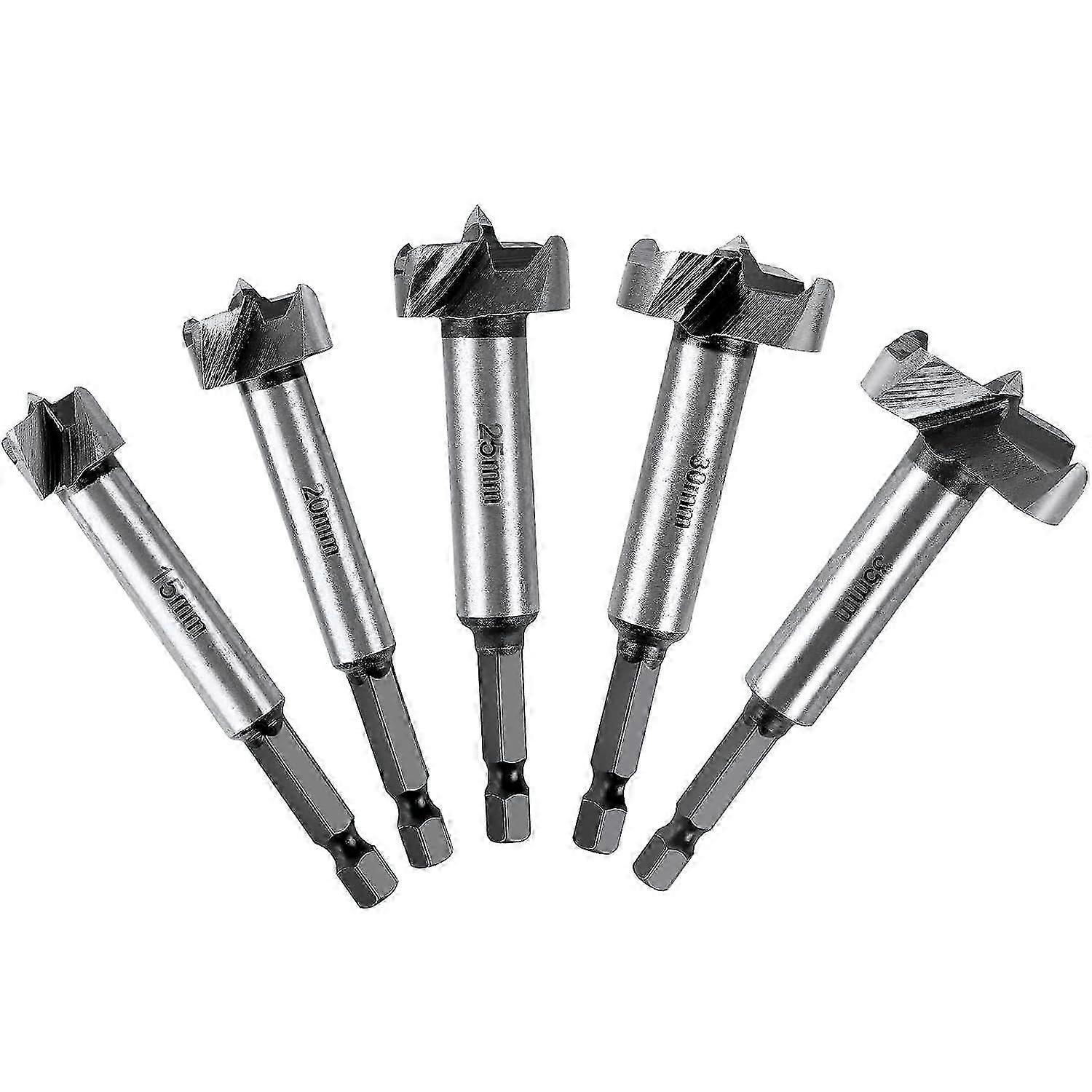 Wood Drill Bits Set of 5 Hex Handle Woodworking Cutter Adjustable Positioning HSS Carbide Hole Saw(15,20,25,30,35mm)