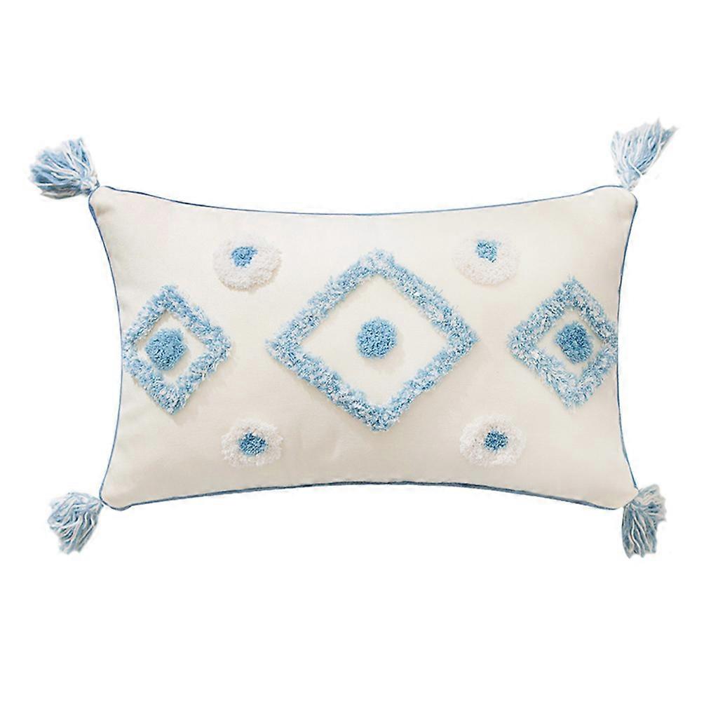 Nordic Moroccan Style Throw Pillow for Case Woven Tufted Blue Cream Geometric Diamond Pattern Pompom Decorative Cushion Cover with Tassels Blue