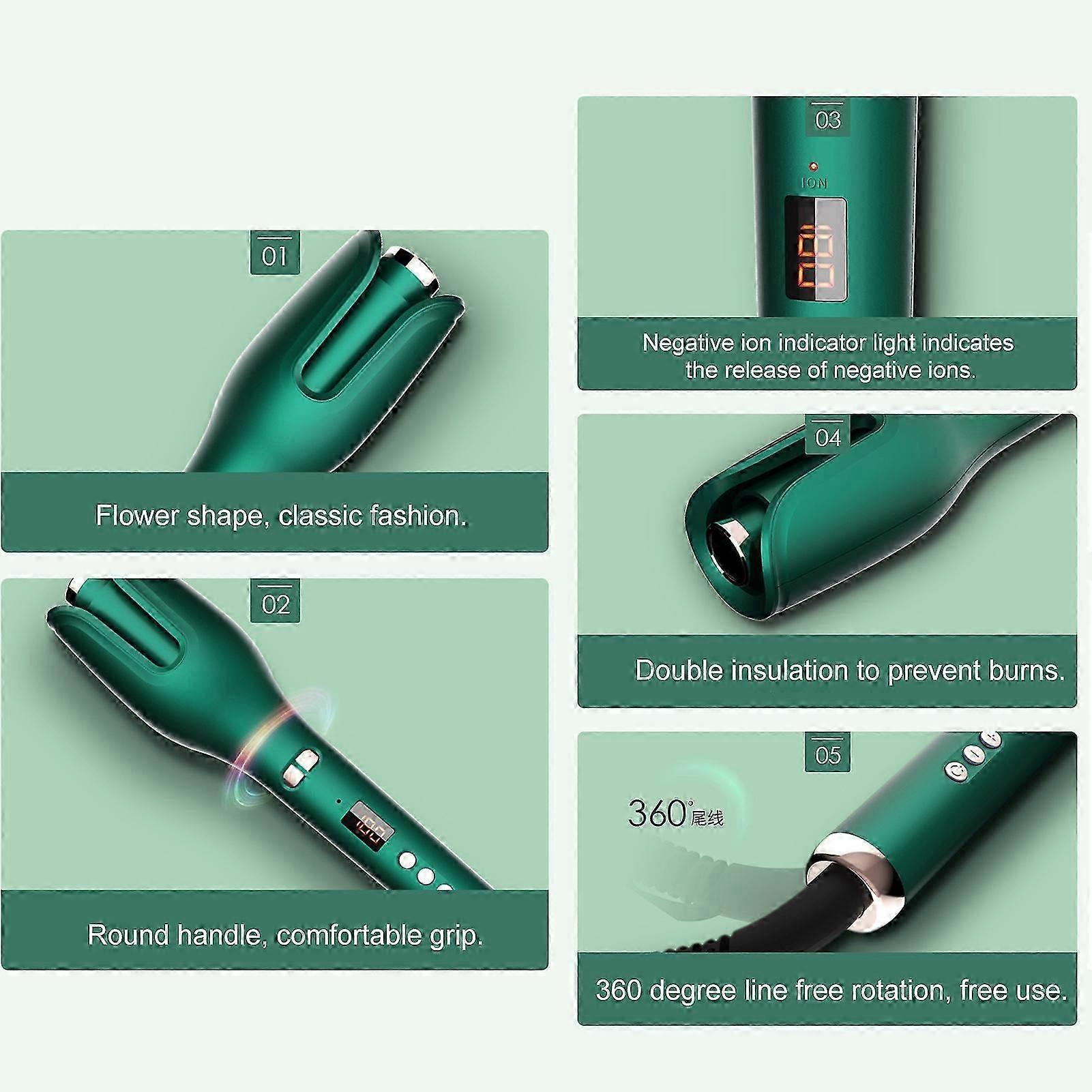 Fully automatic curling iron negative ion hair care with LCD display 17 temperature settings (120-200) 10-second heat timer shutdown Green negative io