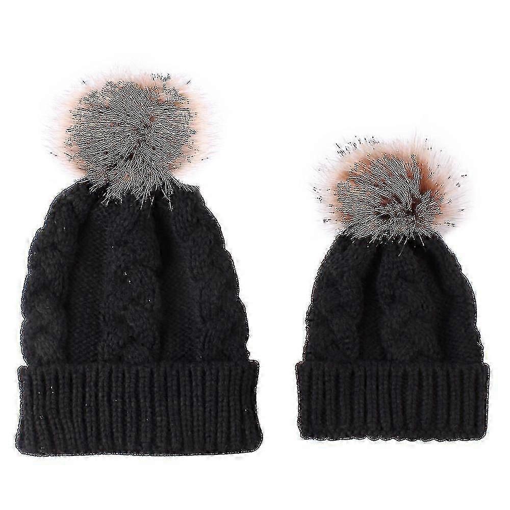 Knit Hat Warm With Fur Pom Pom 2pcs