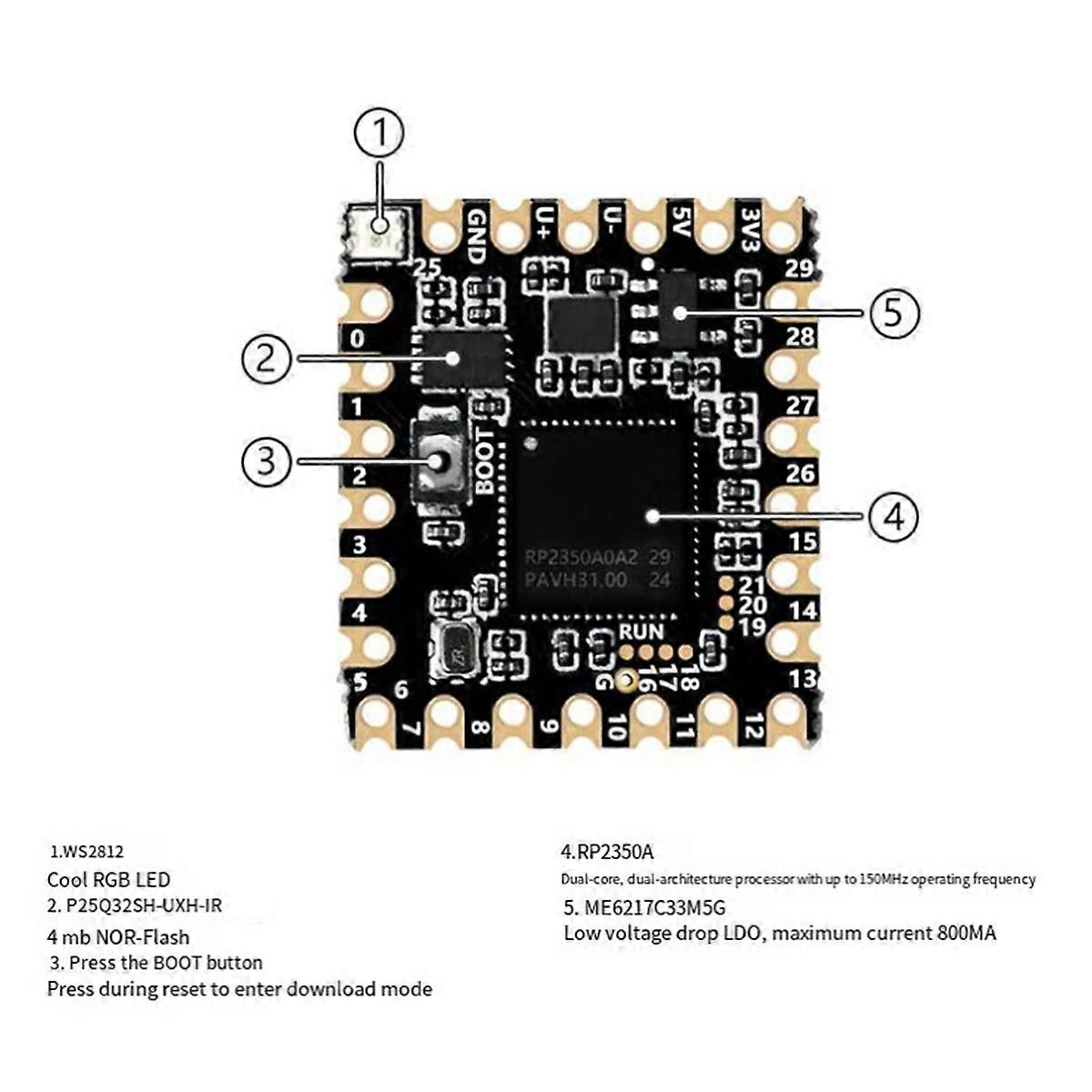 For 2 Stamp Hole Development Board RP2350-Core-A RP2350 Dual Core Processor