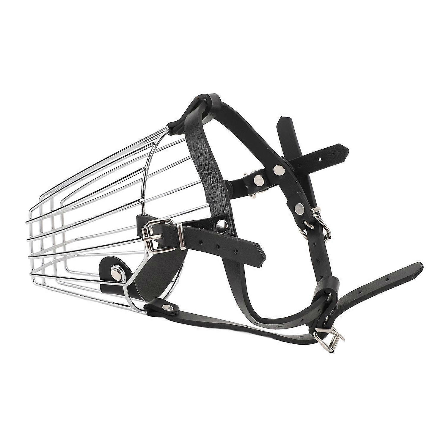 Dog Muzzle Stainless Steel Basket Leather Strap Breathable Prevent Biting Adjustable Muzzle for Medi