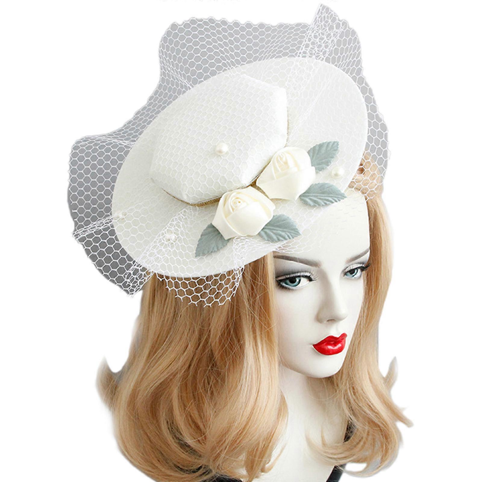 Vintage 20s 50s Fascinators Καπέλα Κοκτέιλ Tea Party Headwear με κλιπ μαλλιών Mesh Pearl Top Hat για κορίτσια και γυναίκες λευκό
