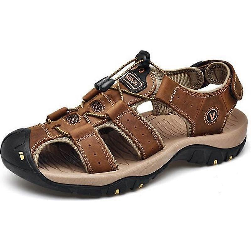 Weiqiao Men's Sandals Hiking Casual Beach Closed Toe Cowhide Leather Sports Shoes Anti-slip Breathable - Brown