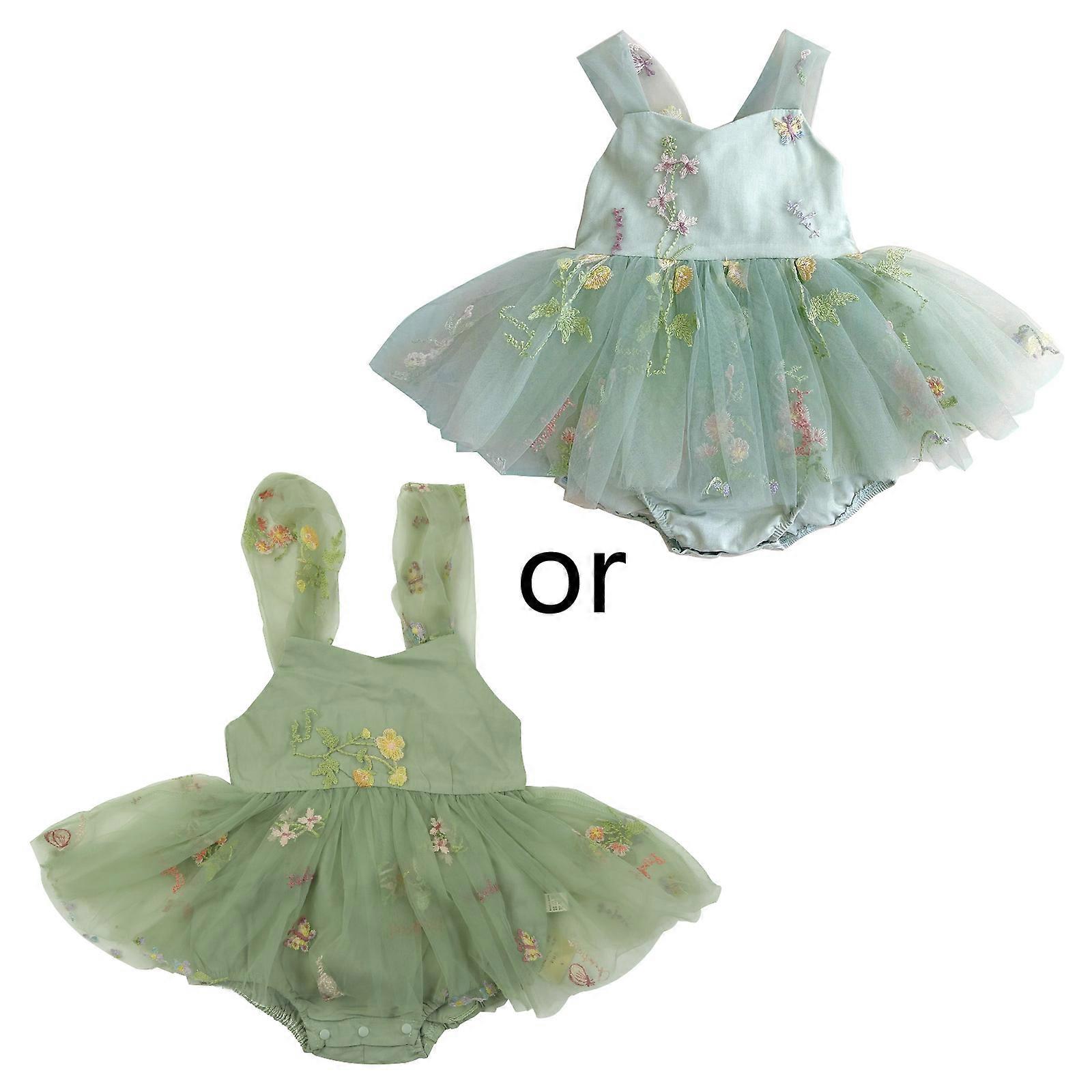 Bebek Kız Romper Elbise Kolsuz Tül Tutu İşlemeli Elbiseler Şık Tek Parça Prenses Elbise Çiçek Kız Giyim Yeşil 80
