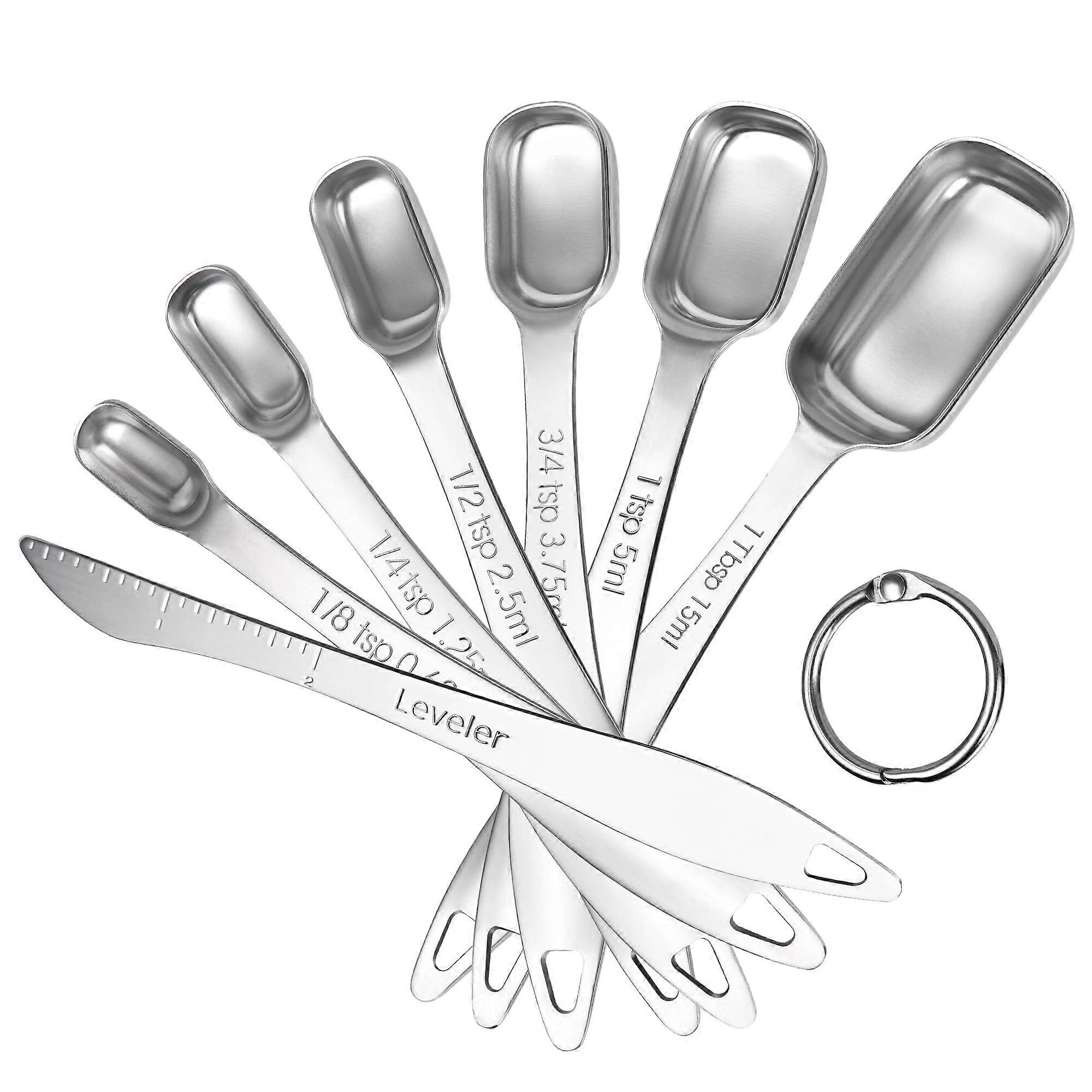 Narrow Square Measuring Spoons Set of 7, 18/8 Stainless Steel Teaspoons and Tablespoons with Leveler for Baking Cooking Coffee Spices