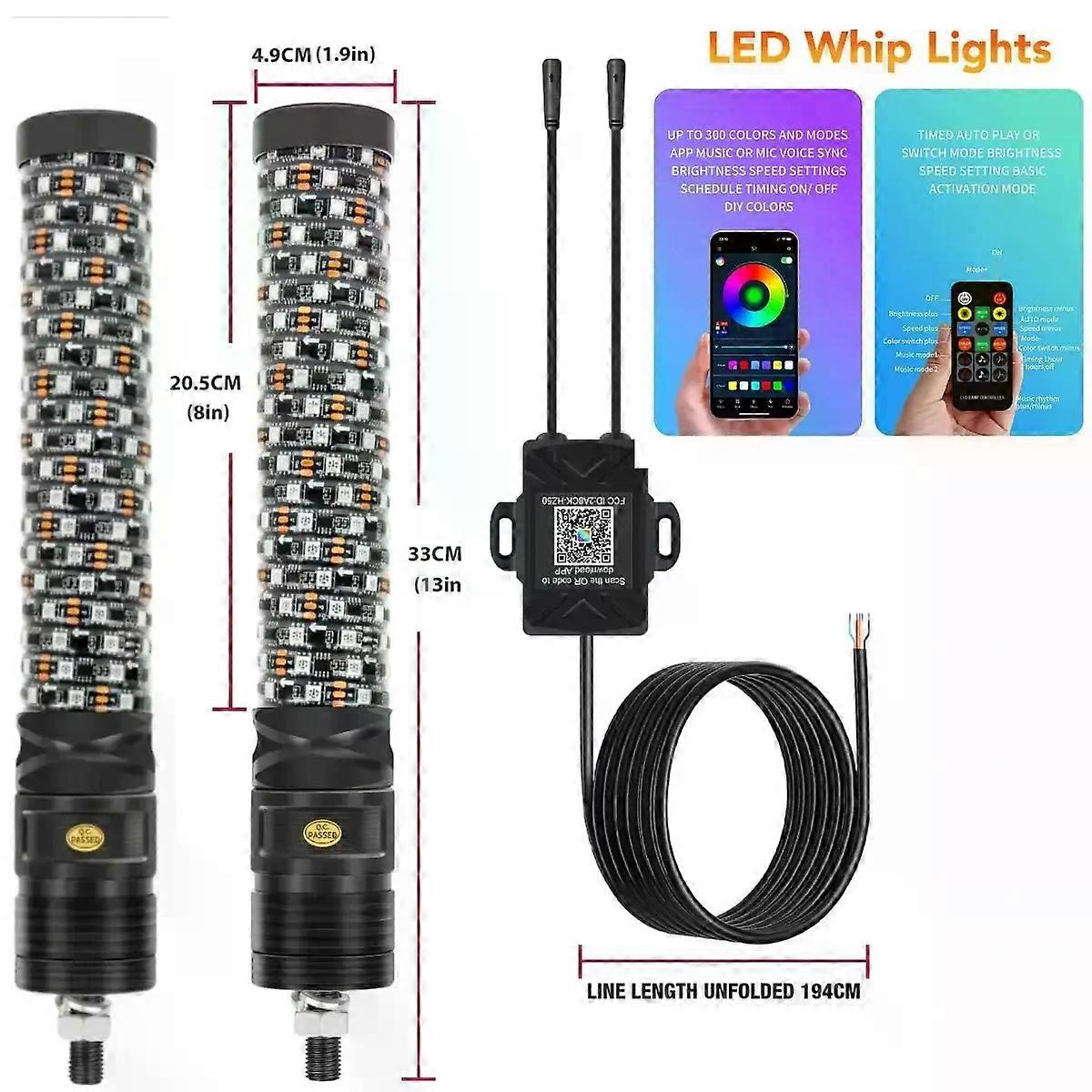 1FT 2PCS Spiral LED Fat Whip Lights Antenna RGB Chasing For Can-am X3 RZR UTV ATV