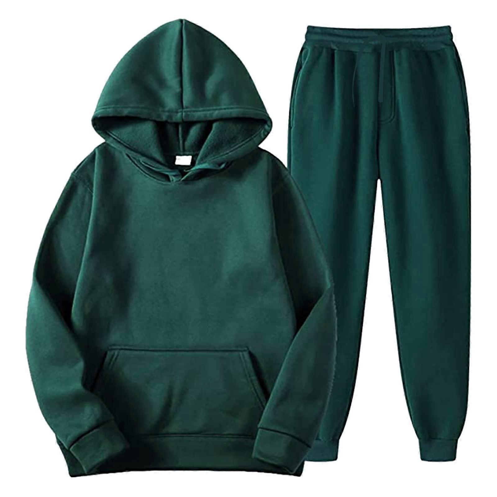 Unisex 2 Pcs Clothes Trailtsits Hoodie And Jogger Tracksuit Set Y2K Style Pockets XLarge Green 05