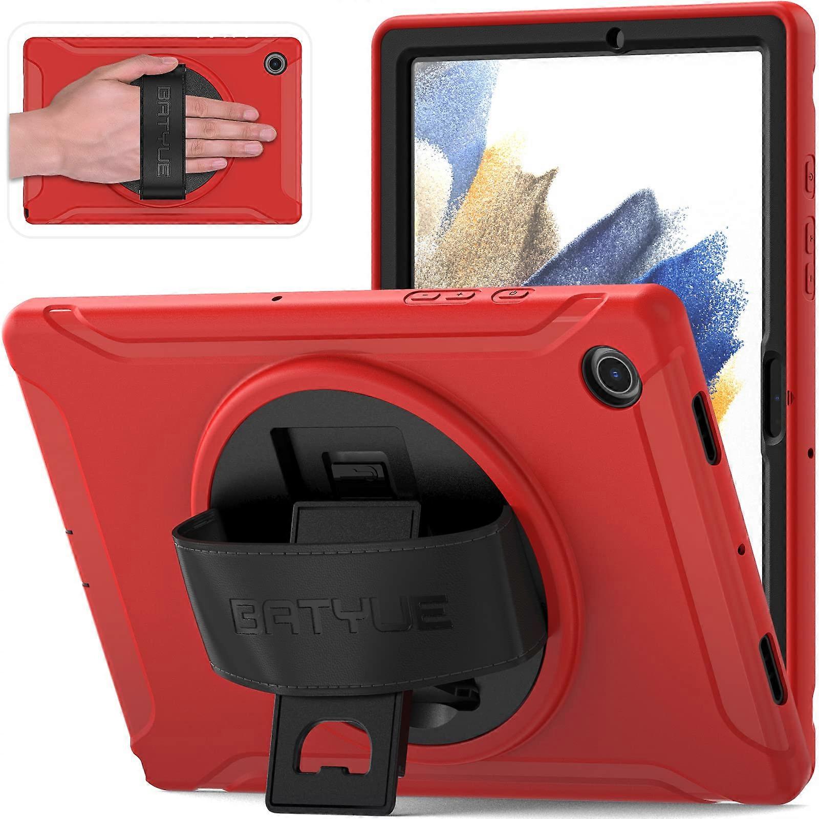 Case for Samsung Galaxy Tab A8 10.5 Inch 2022, Heavy Duty Shockproof Case with Hand Strap and Rotating Kickstand, Red