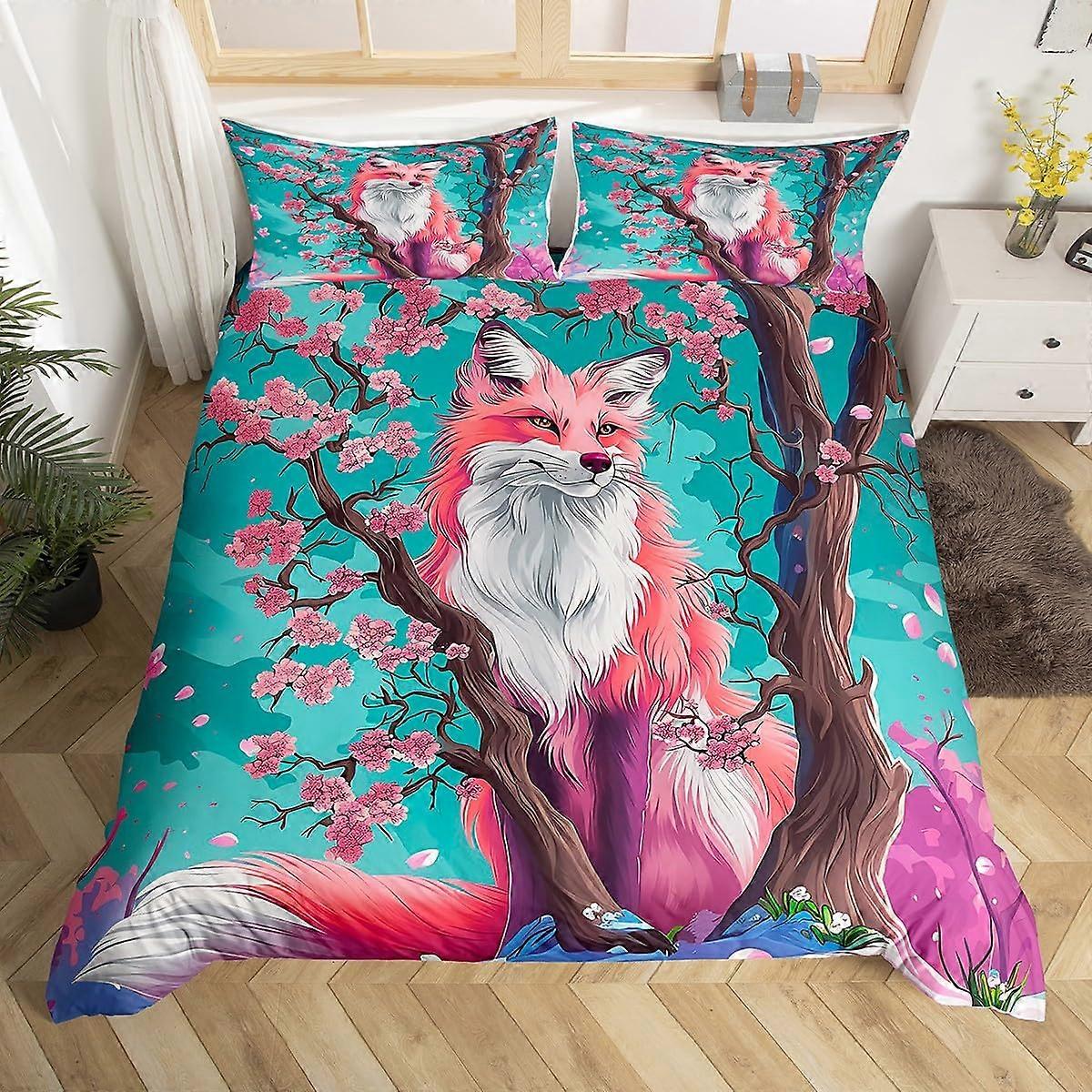 Kids Fox Duvet Cover Queen Size Cherry Blossoms Bedding Set Japanese Style Kawaii Animal Pattern Sakura Floral Comforter Cover