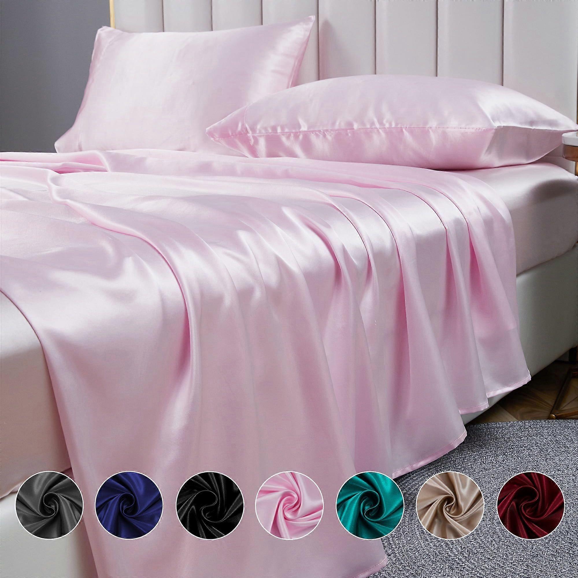 Satin Sheets Twin Silk Sheets Light Pink Bed Sheet Set Deep Pocket Bed Flat Fitted Sheet, 3-Pieces