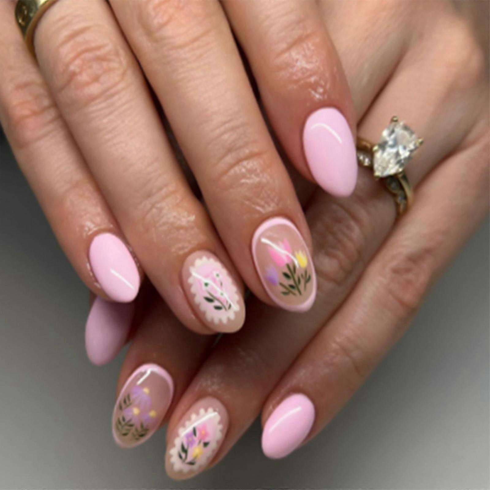 24 pezzi di unghie finte a forma di mandorla, a forma di fiore, in acrilico, con colla per unghie artificiali, per donne e ragazze.
