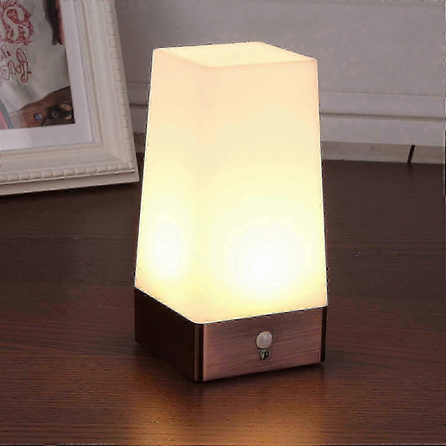 Table Lamp, Retro Led Night Light, Bedside Lamp With Wireless Pir Motion Sensor, Requires 3 Aaa 1.5 V Batteries, Plastic, White Light, Square
