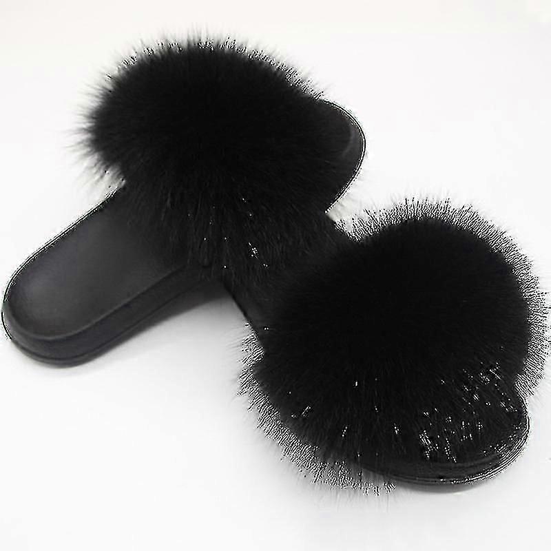 Fox Fur Slides til kvinder - Comfort Open Toe Fur Hjemmesko Indendørs udendørs Ojk