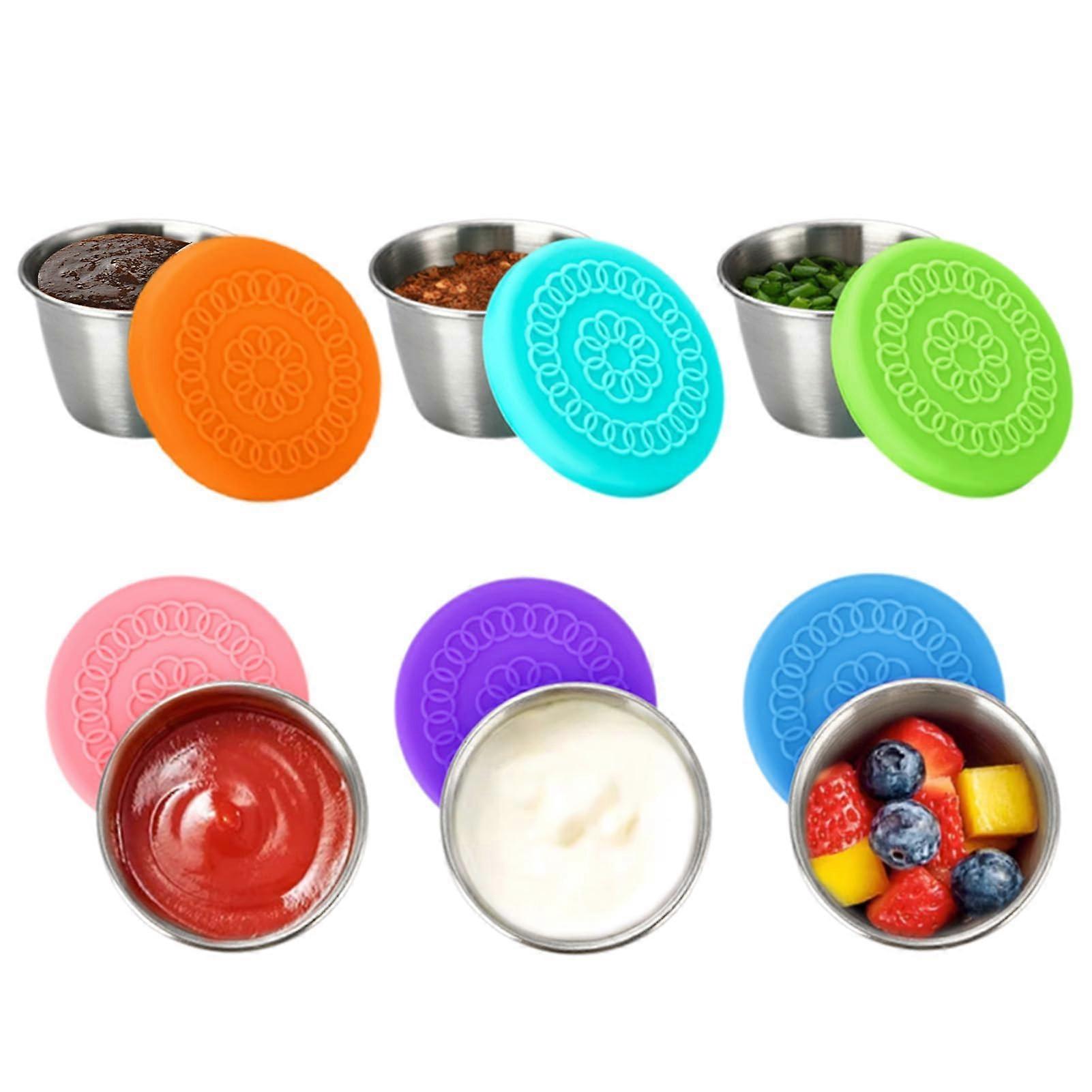 Set of 6 Stainless Steel Food Storage Containers with Silicone Lids, 70 ml Leak-Proof Sauce Cups for Bento Lunches