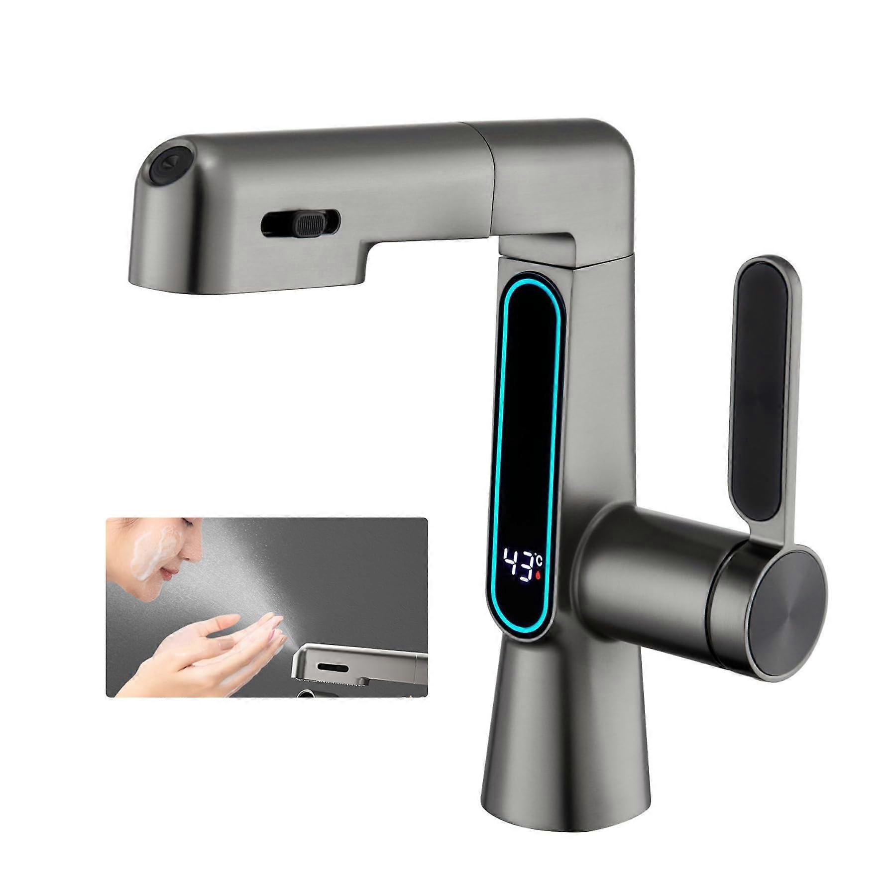 Modern Lift Up Faucet with Pull Down Sprayer, Digital Display, 3 Modes, 360° Spout, Gray