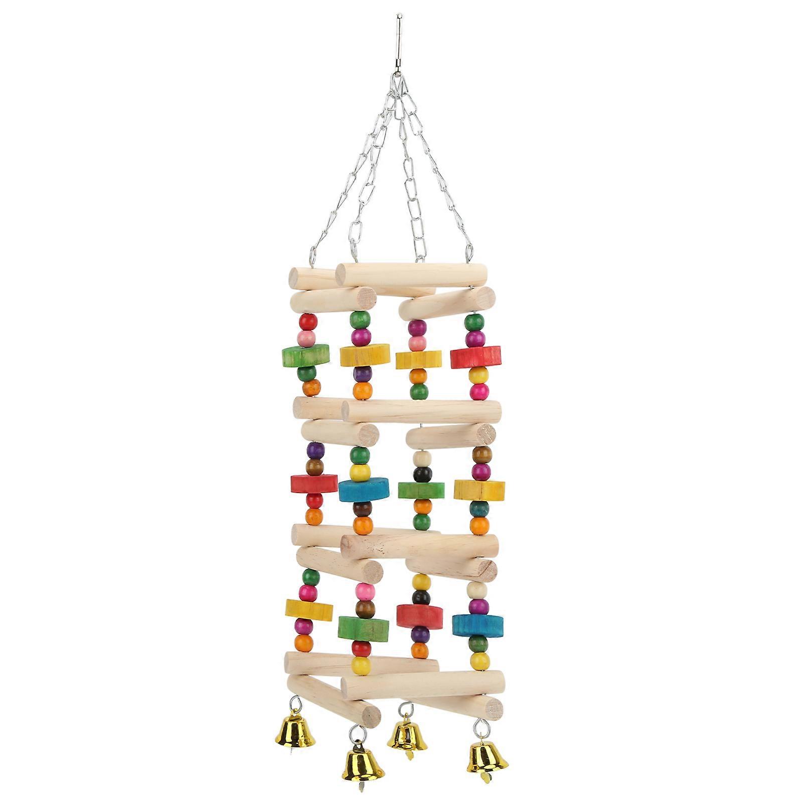 Bird Climbing Toy Wooden Colorful Hanging Parrots Chewing Standing Ladder with Bells for Parakeets Budgies