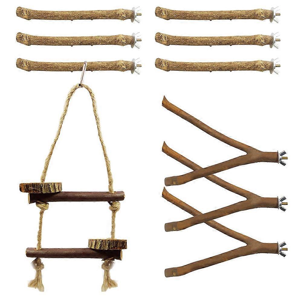 Wooden Parrot Training Stand Set – 10pcs Bird Perch Rack for Play & Exercise, Compatible with Parakeets, Cockatiels & Macaws, Fun Cage Accessory