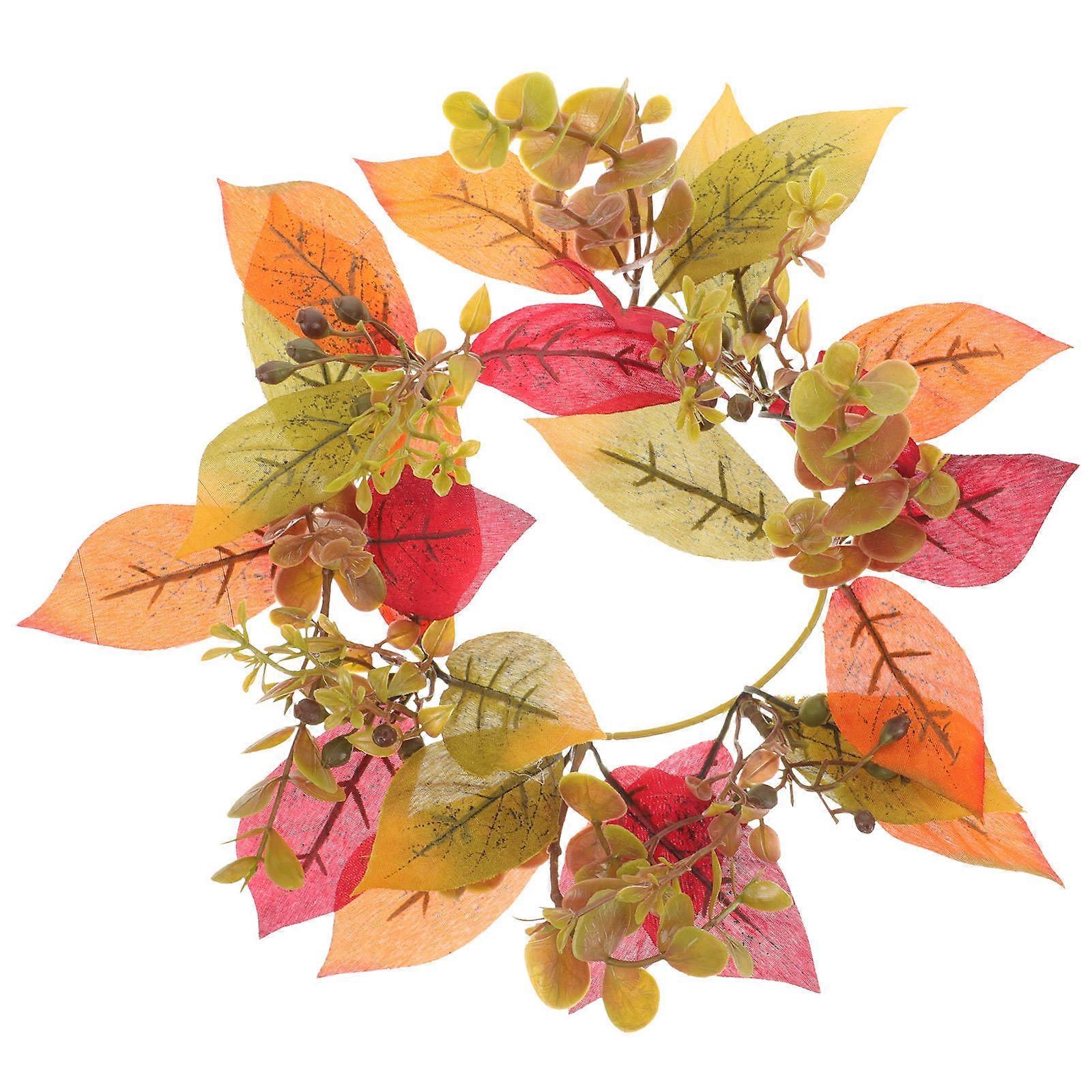 Thanksgiving Day Decorative Candle Ring Wreath with Artificial Leaves for Table Centerpieces Multi