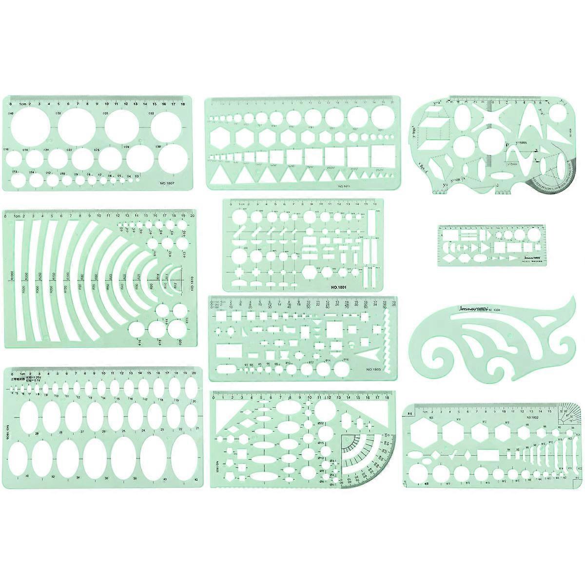 Design Formwork Ruler Building Measuring Template 11Pcs Green Transparent Tough Plastic For Office School Individual Use