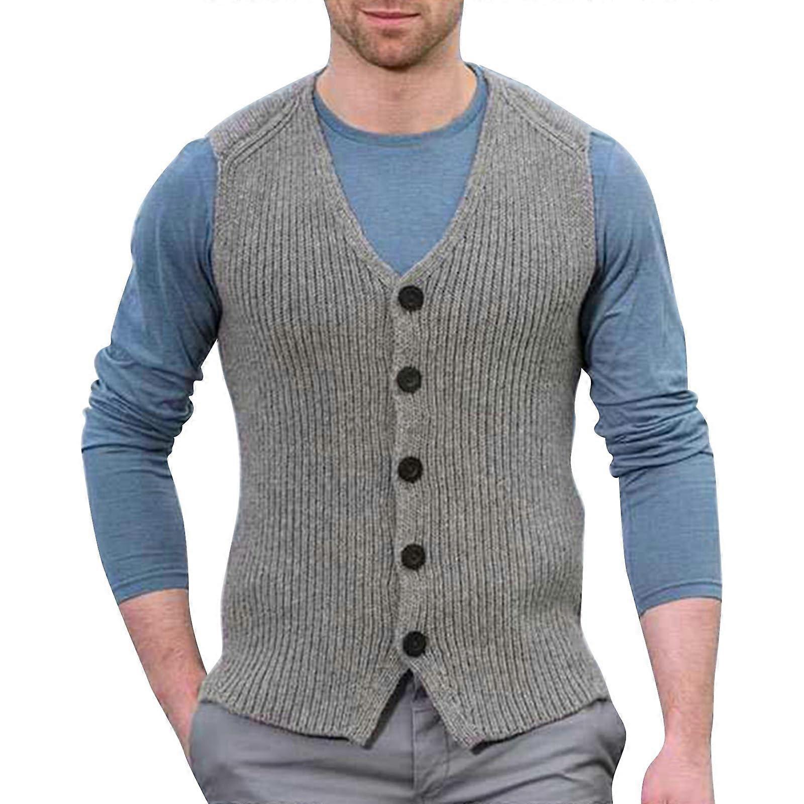 Men's Cardigan Sleeveless VNeck Wool Blend Sleeveless Cardigan Wool Blend with Cable Pattern and Buttons Men's Traditional Vest Gray M