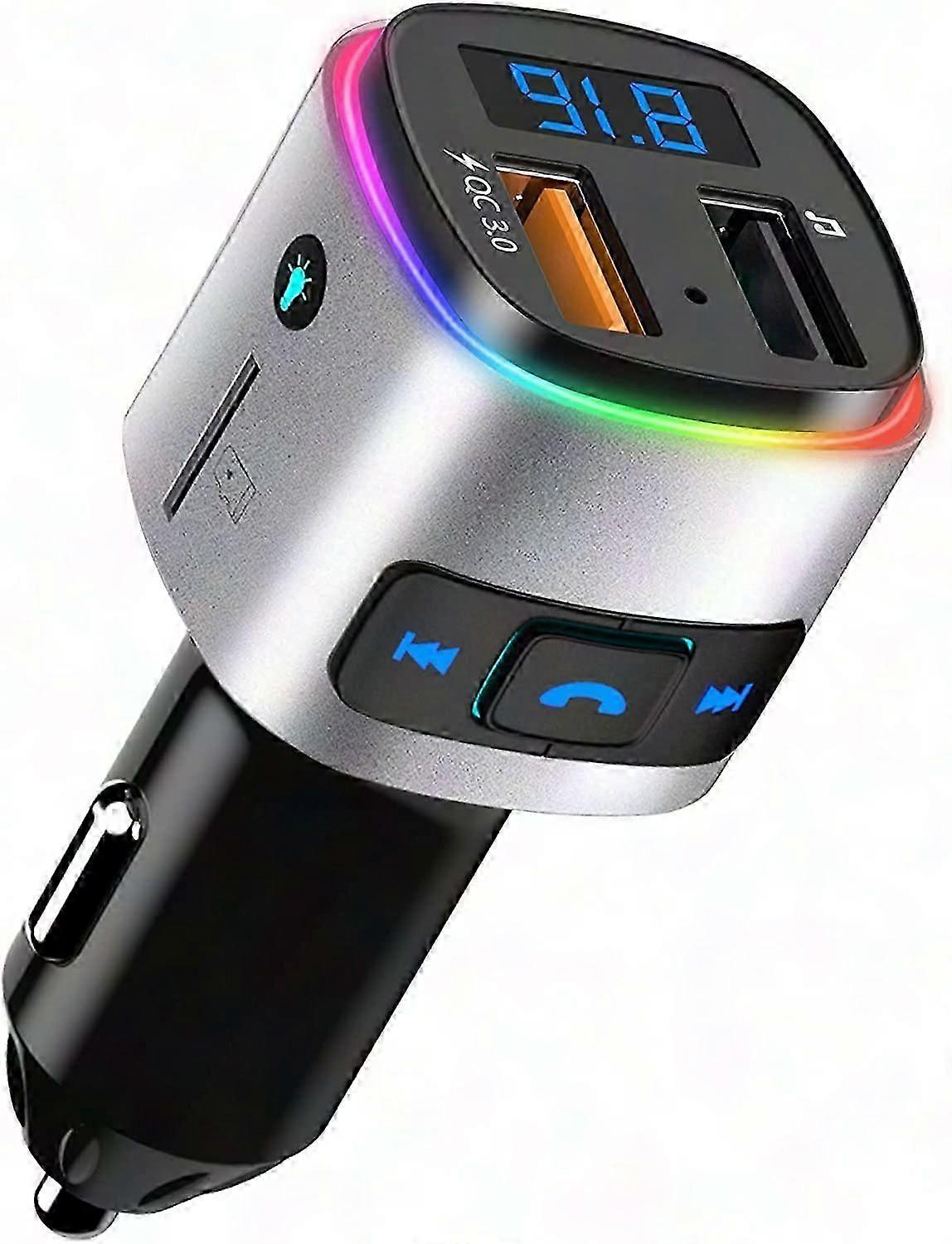 Car Bluetooth FM Transmitter with Hands-Free Calling & 7-Color LED Light for Music & Charging
