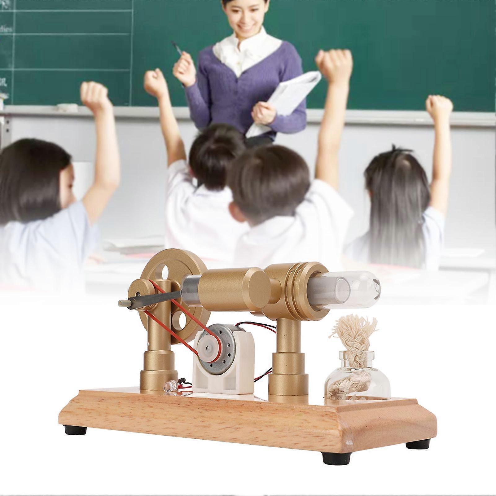 Stirling Engine Motor Model CNC Frame 17x8x10cm Gold LED Toy