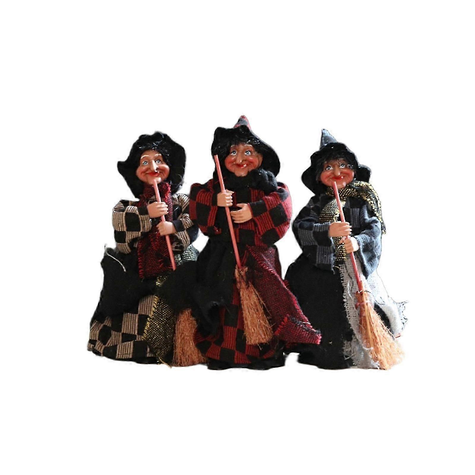 3Pcs Fabric Witch Ornament Broom Witch Figure Decoration For Mantels Window