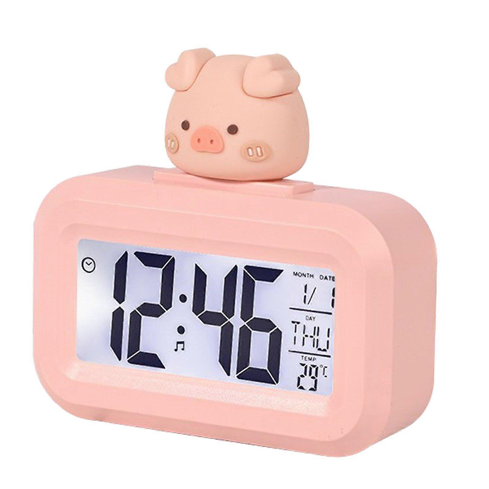 Electronic Clock Cute Cartoon LED Screen Desktop Electronic Alarm Data Time Calendar Temperature Clock Pink Piggy