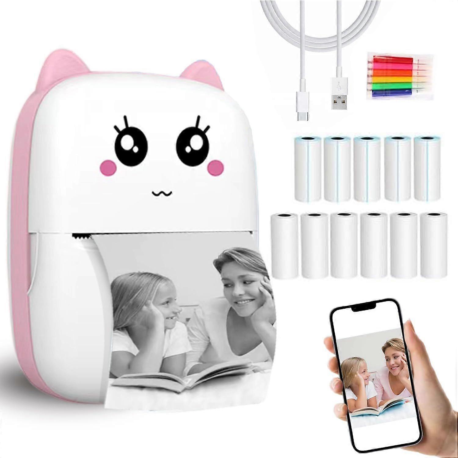 Portable Thermal Printer with 11 Rolls of Pink Printing Paper