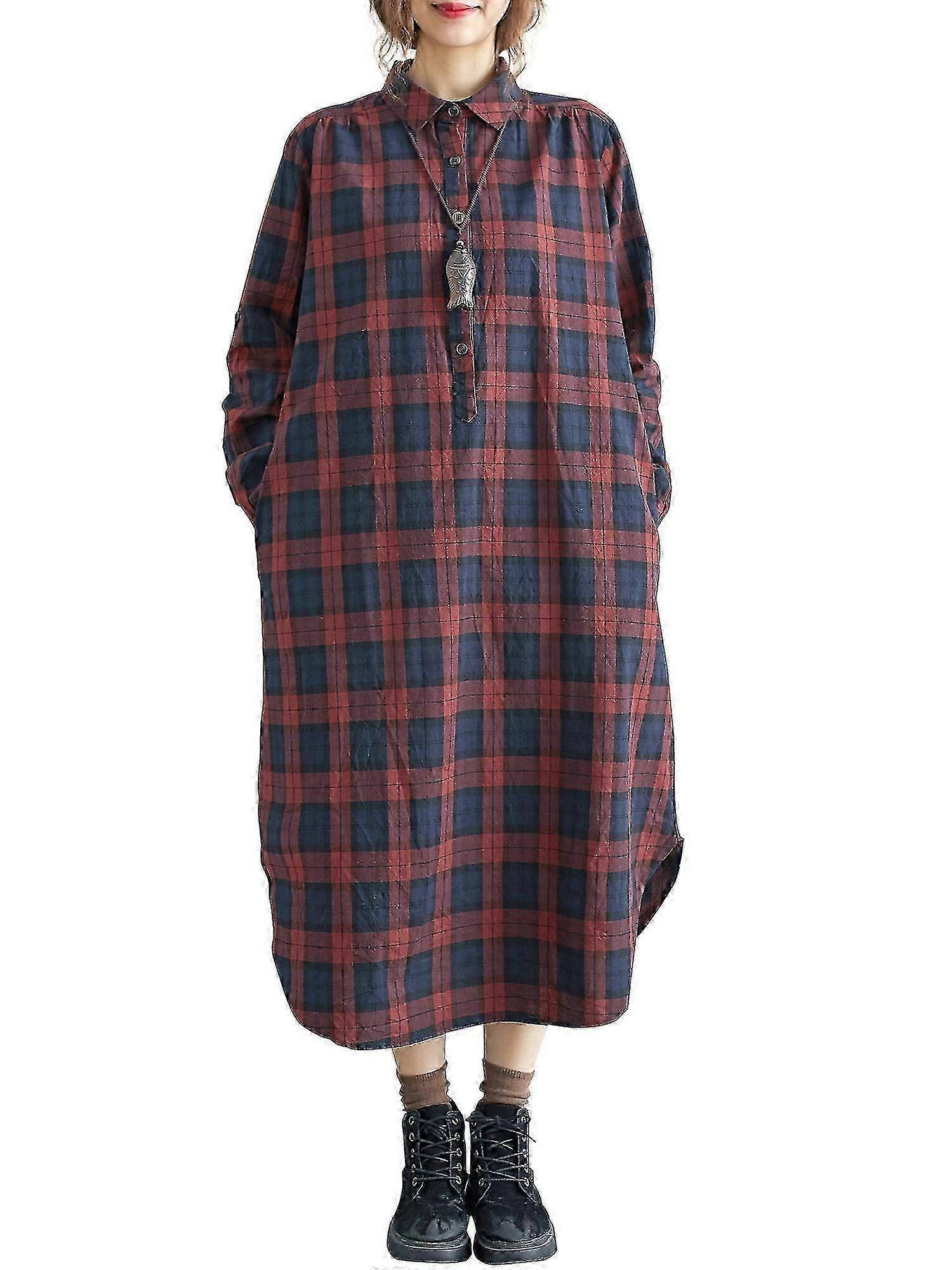 Kvinnor Rutig Klänning Med Fickor Knappar Långärmad Lös Klänning p20241126912
