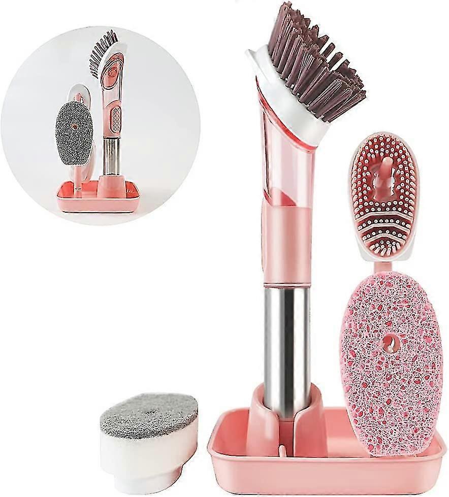 Ensemble de brosse à vaisselle de distribution de savon, ensemble de brosse à vaisselle avec support pour cuisine, têtes de brosse de remplacement Contrôle du savon Dishwand Brosse à vaisselle réutilisable Scru