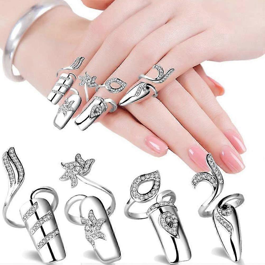 1 Set/ 4 Pcs Rhinestone Fingernail Ring Finger Tip Adjustable Opening Nail