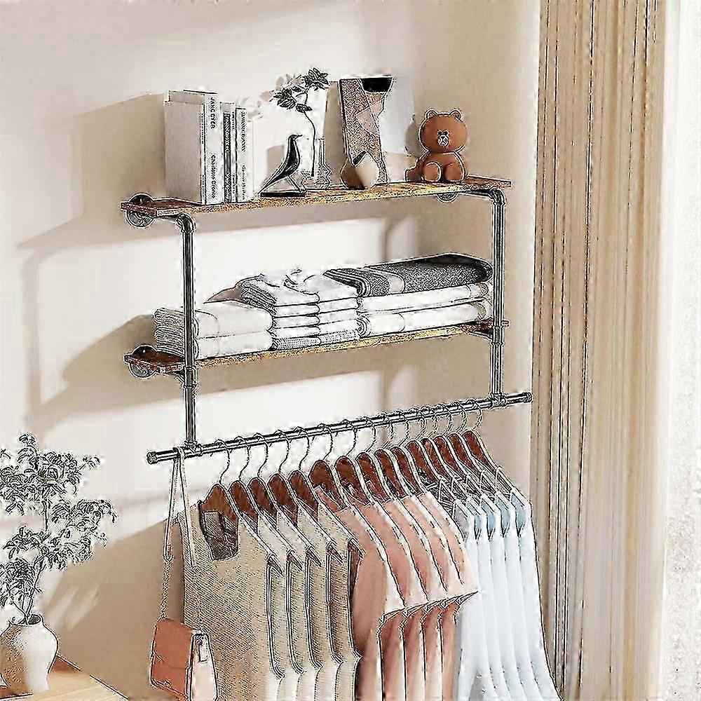 w 2 Tier Large Industrial Pipe Vêtements Rail Wall Mounted Floating Shelf Open Closet