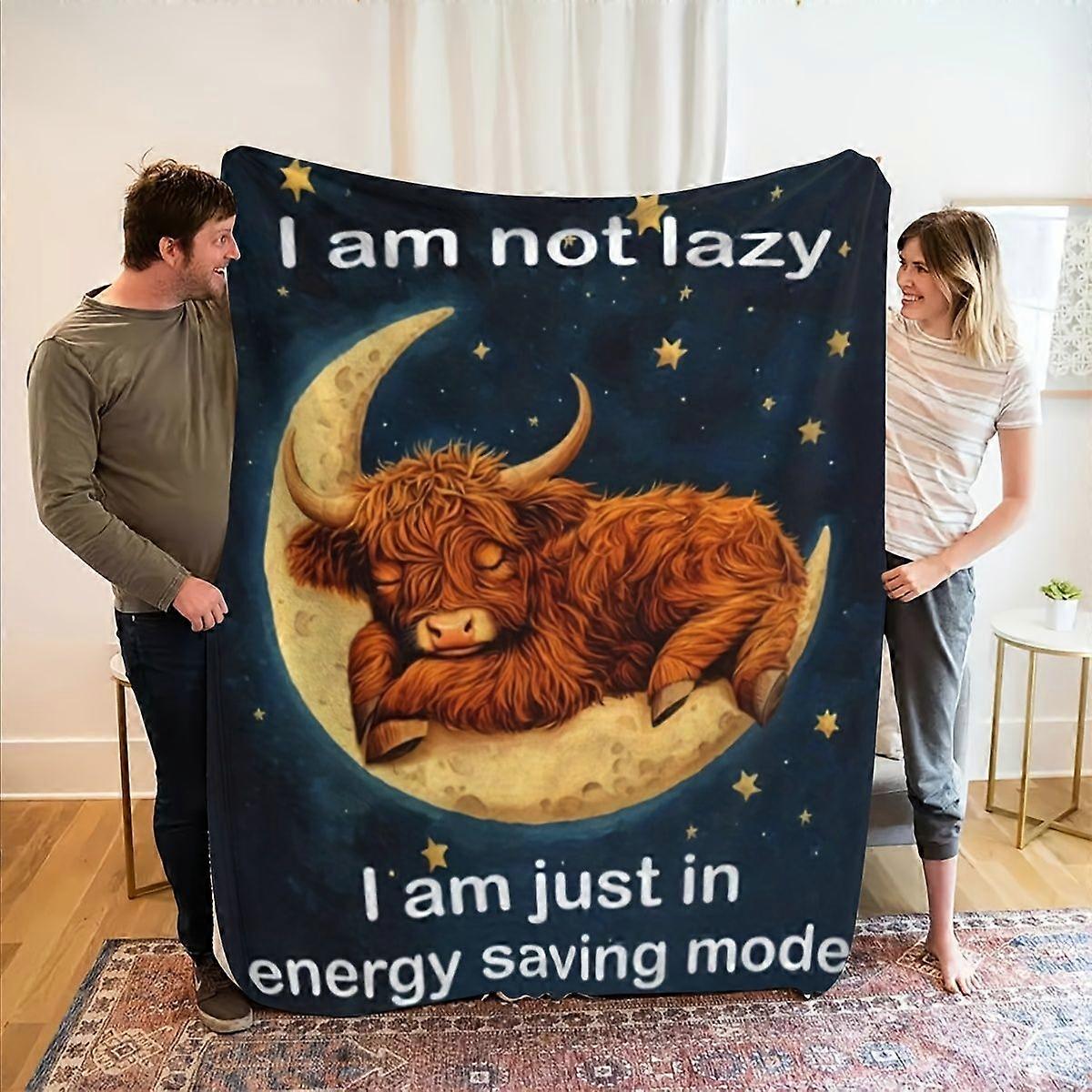 Funny "I Am Not Lazy" Moon & Highland Cow Print Flannel Blanket - Soft All-Season Cozy Throw for Sofa, Car, Office & Lun-nbvcx397