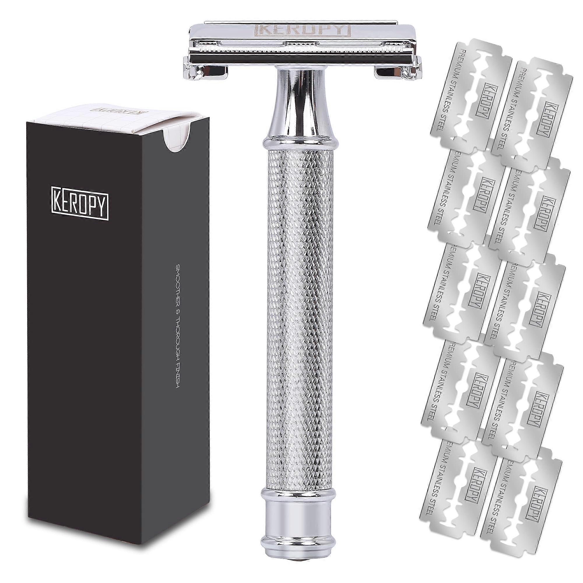Stainless Steel Double Edge Safety Razor for Men, Butterfly Open Comb with 10 Blades, Weighted Handle, Luxury Gift Set for Dad