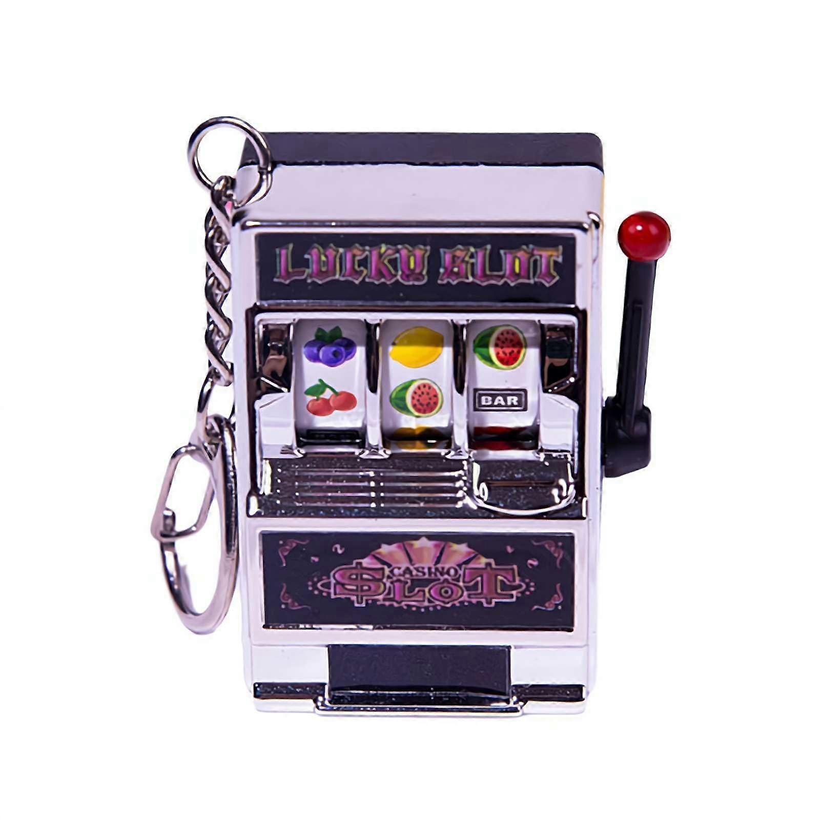 Mini Slot Machine Toy Coin Bank Keychain with Realistic Spinning Reels for Casino Game Fun Silvery