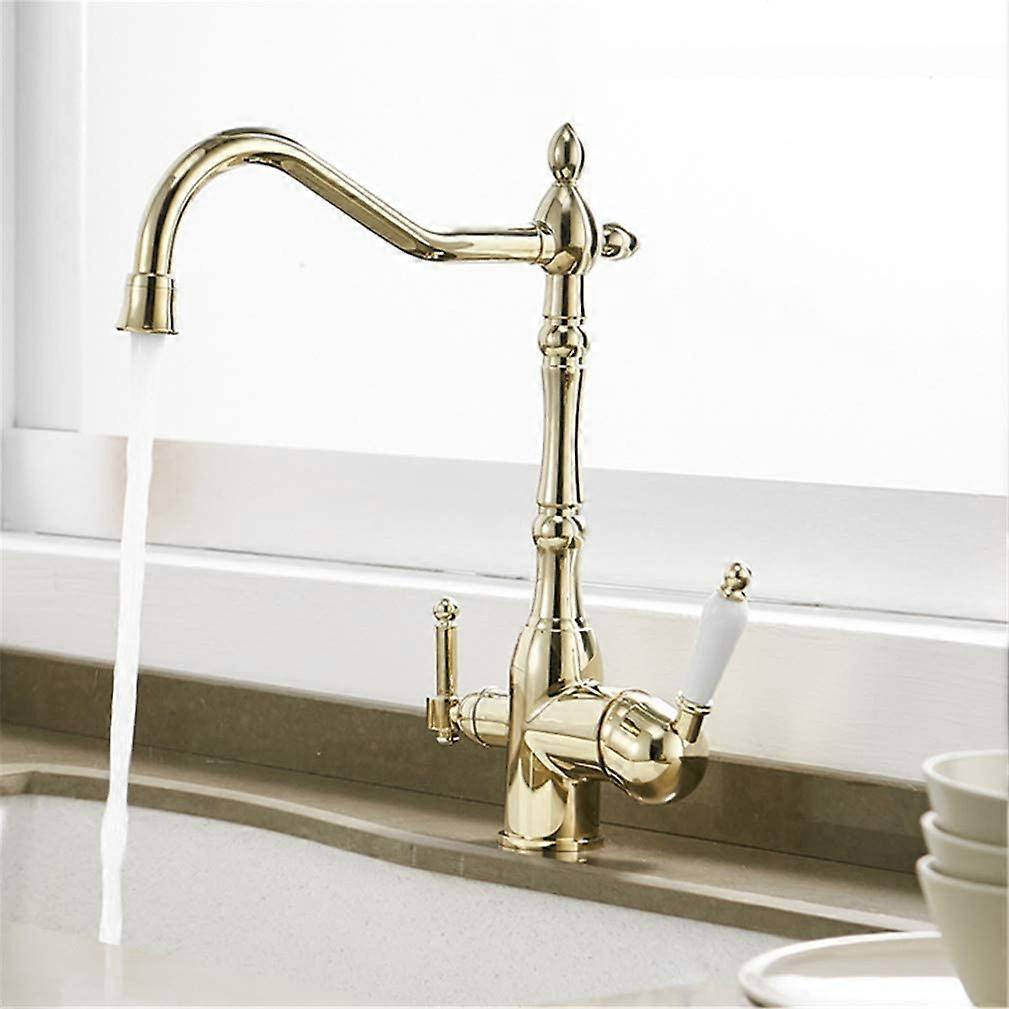 Gold Kitchen Faucet 3 Way Mixer Tap with Filter, Dual Handle, 360° Swivel Modern Gold Finish