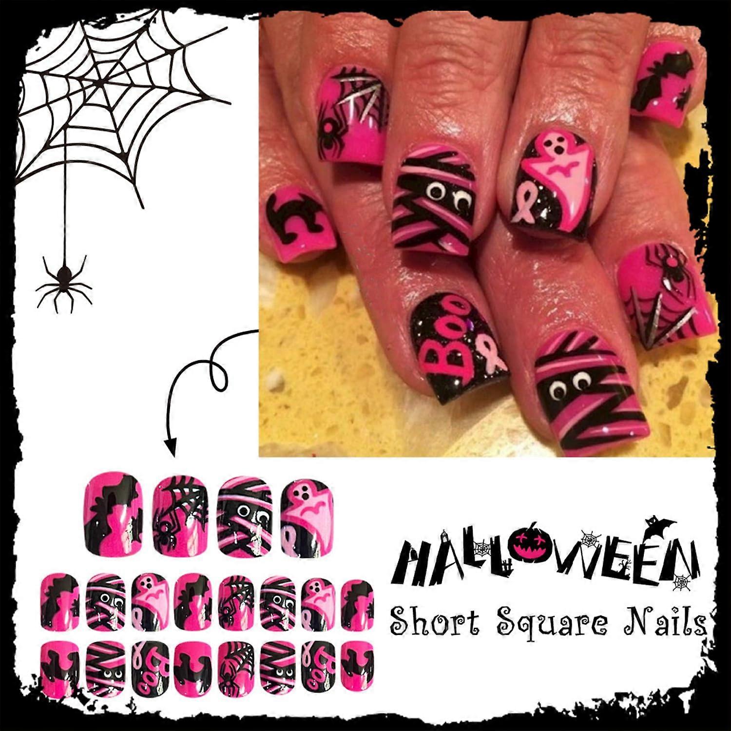 Halloween Press On Nails with Spider Web Ghost Bat Design, Short Square Reusable Acrylic Nails