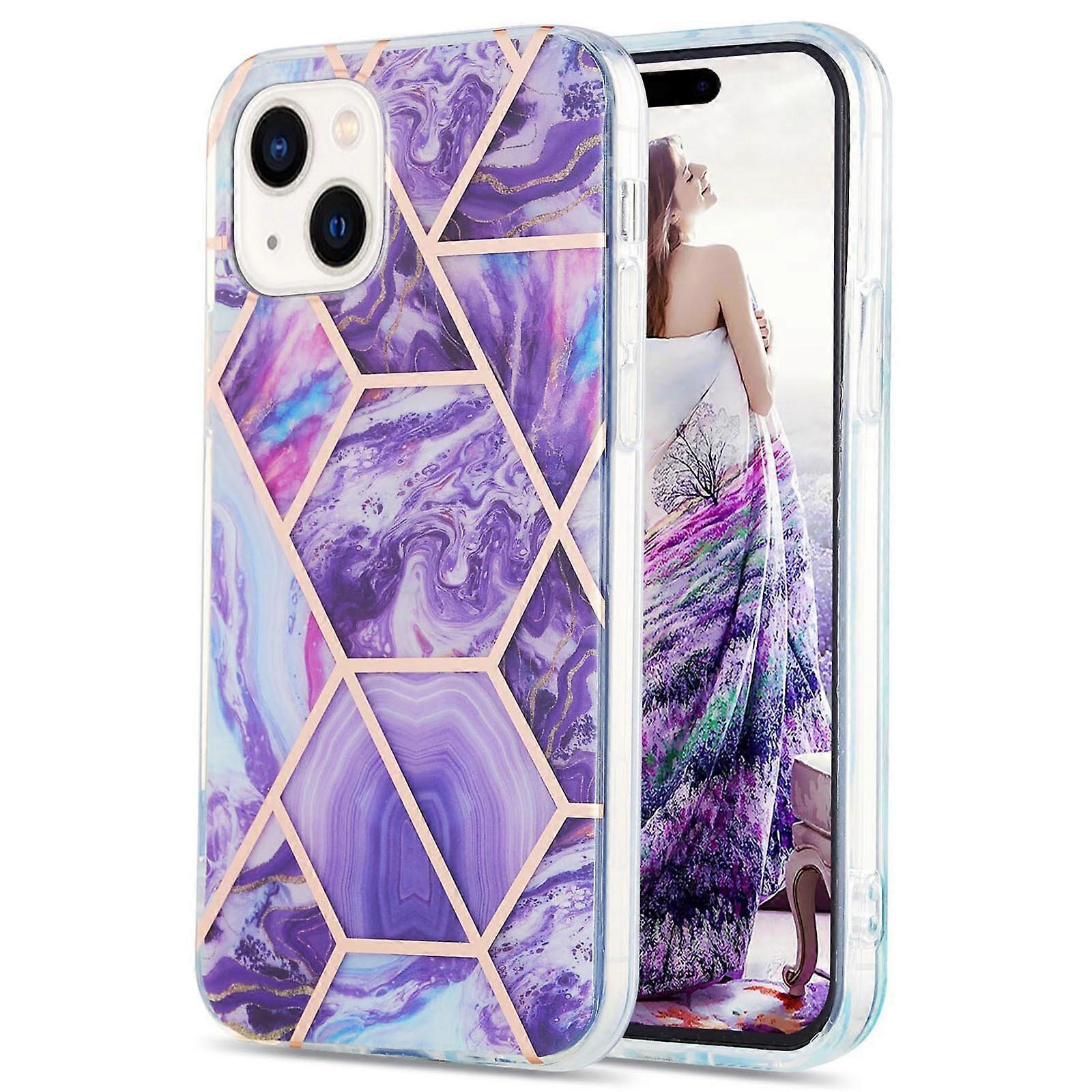 For iPhone 15 Case Splicing IMD Marble Pattern Electroplated TPU Back Cover
