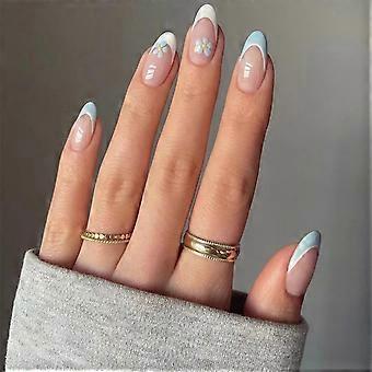 Short Almond Press on Nails French Blue and White Floral Reusable Acrylic False Nails 24 Pcs
