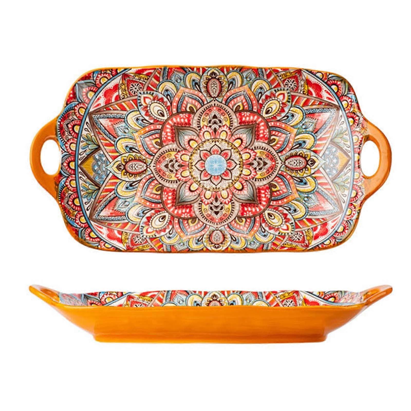Bohemian Ceramic Rectangular Serving Platter - 12.6inch Large Capacity Dinner Plate with Double Handles