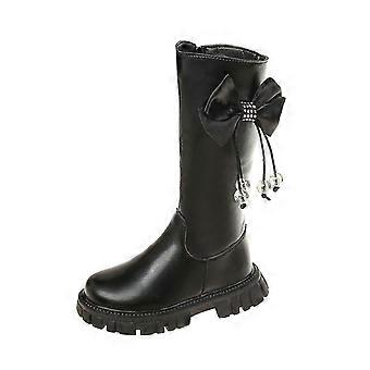 Leren hoge winterlaarzen voor meisjes, waterdicht, modieus, met zijrits, bontvoering, kniehoge rijlaarzen, prinsessenschoenen, zwart, 6 jaar
